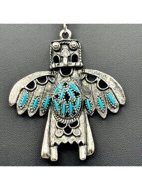 Vintage Kachina Bird Totem Necklace Pendant Southwestern Style Silvertone Blue